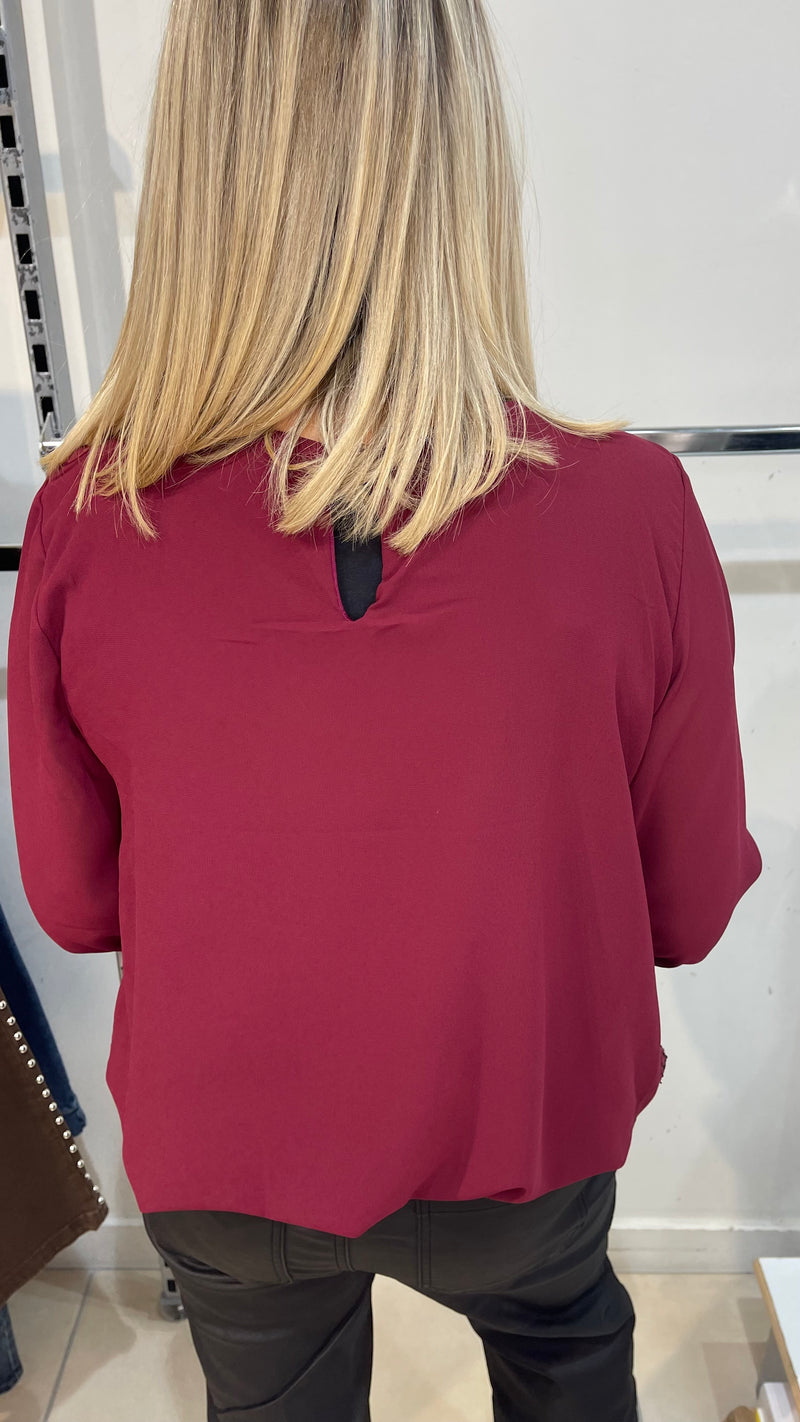 Vicky - Wine Sequin lined bubble hem Top
