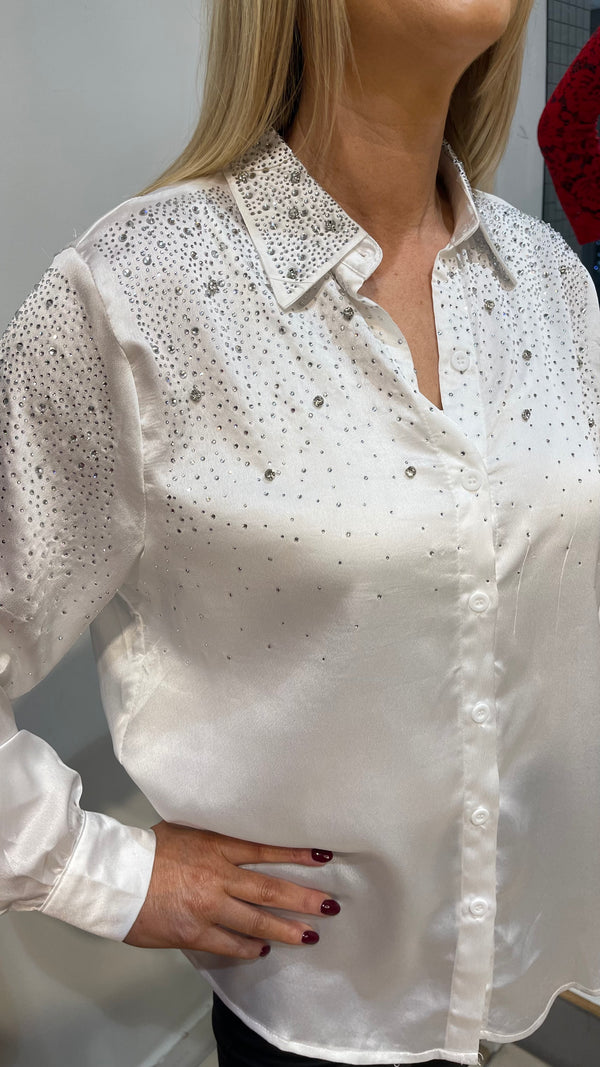 Mel - White Diamente Neck Shirt