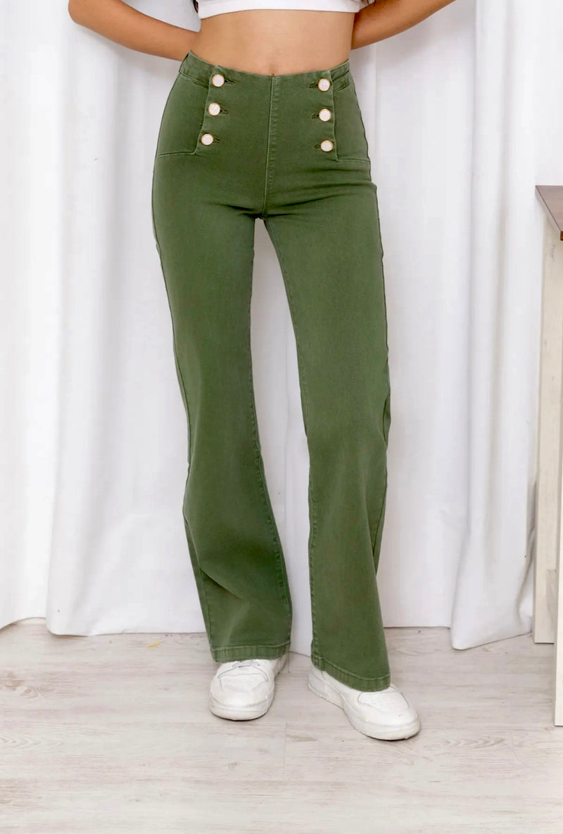 Georgie - Khaki Jean White Button