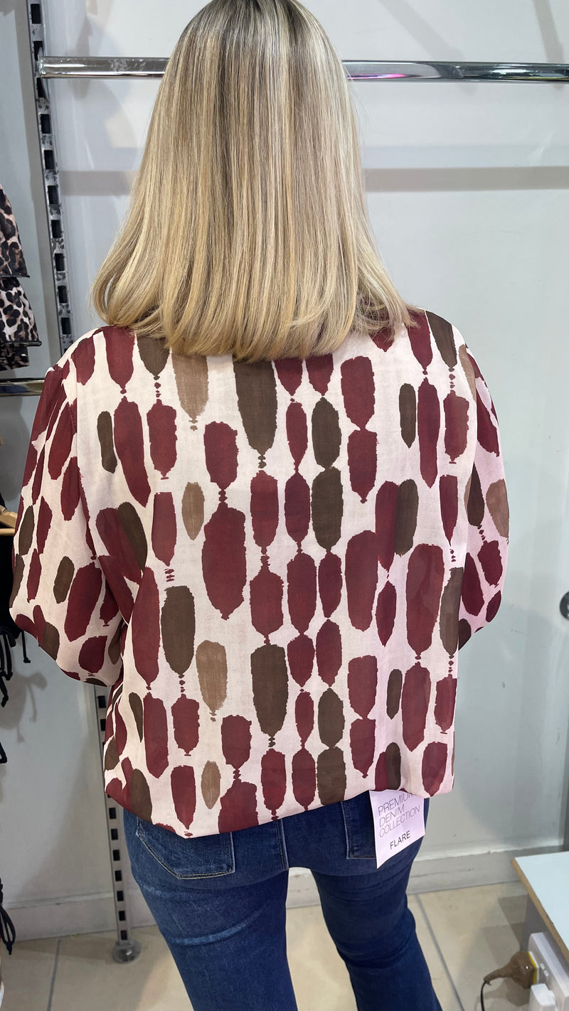 Naomi - Wine/Chocolate Print Lined bubble Hem top