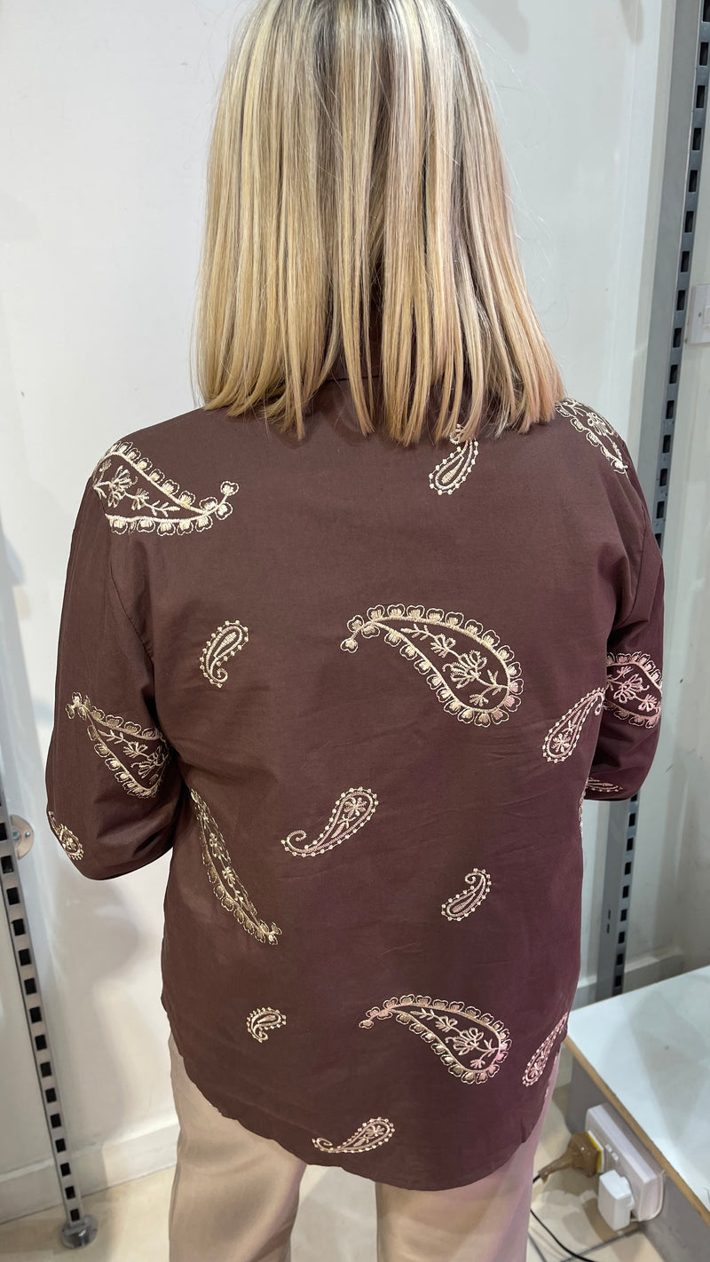 Delta - Chocolate Paisley Embroidery Cotton Shirt
