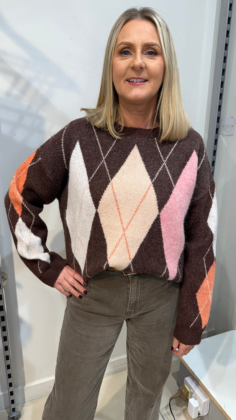 Jessie - Brown Diamond Multi colour Knit