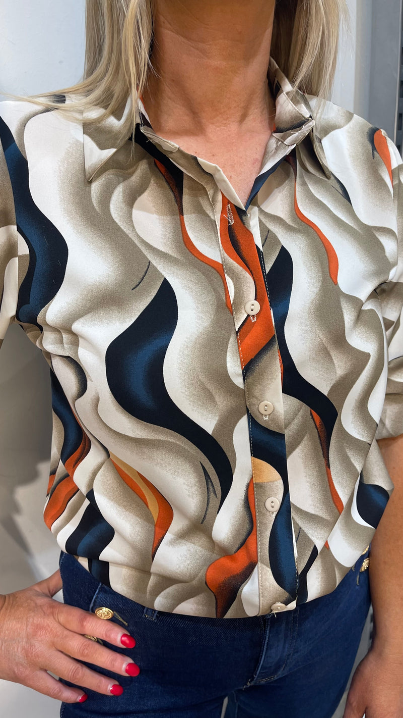 Abbie - Taupe/Navy/Orange Print Shirt