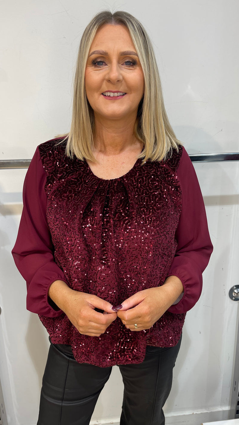Vicky - Wine Sequin lined bubble hem Top