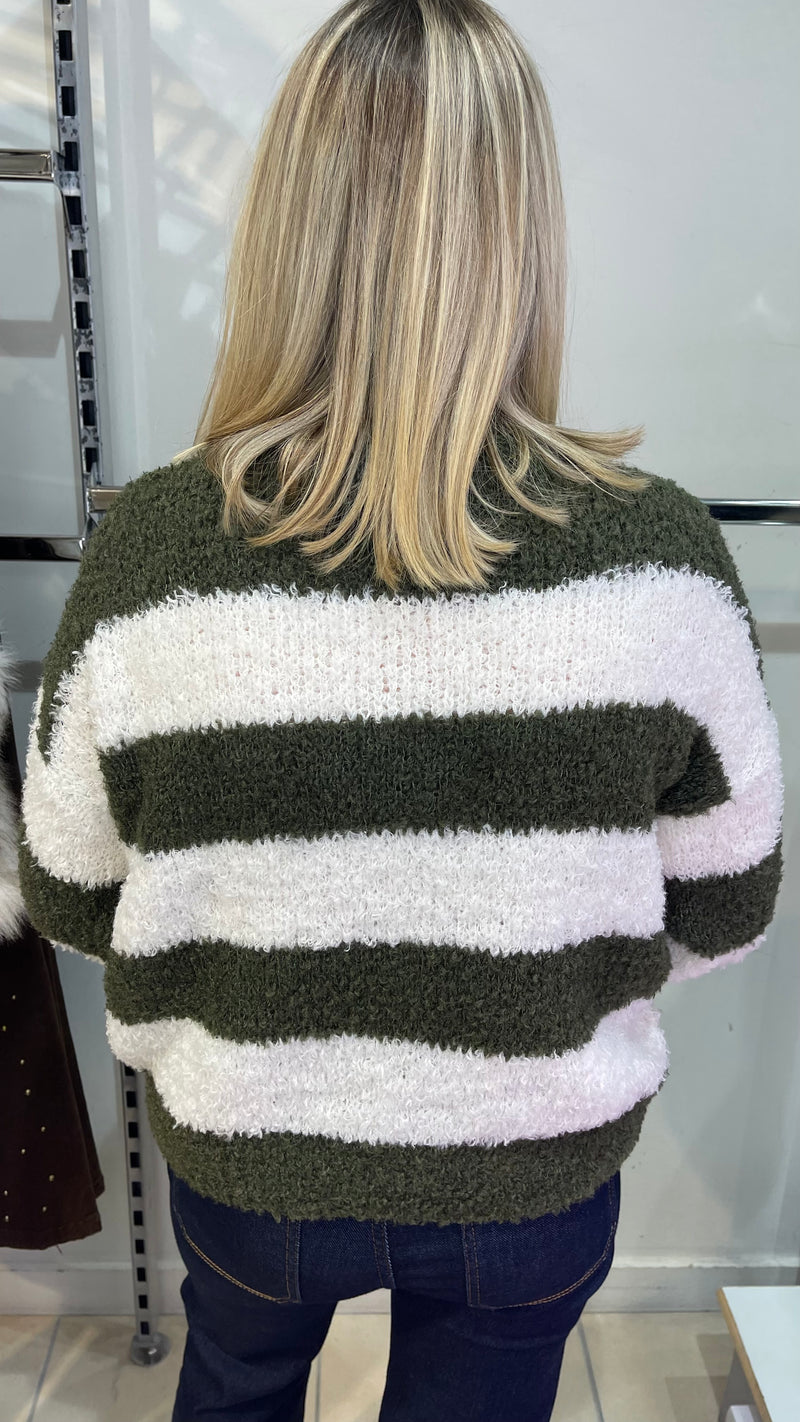 Millie- Green/Cream Stripe Fluffy Knit Jumper
