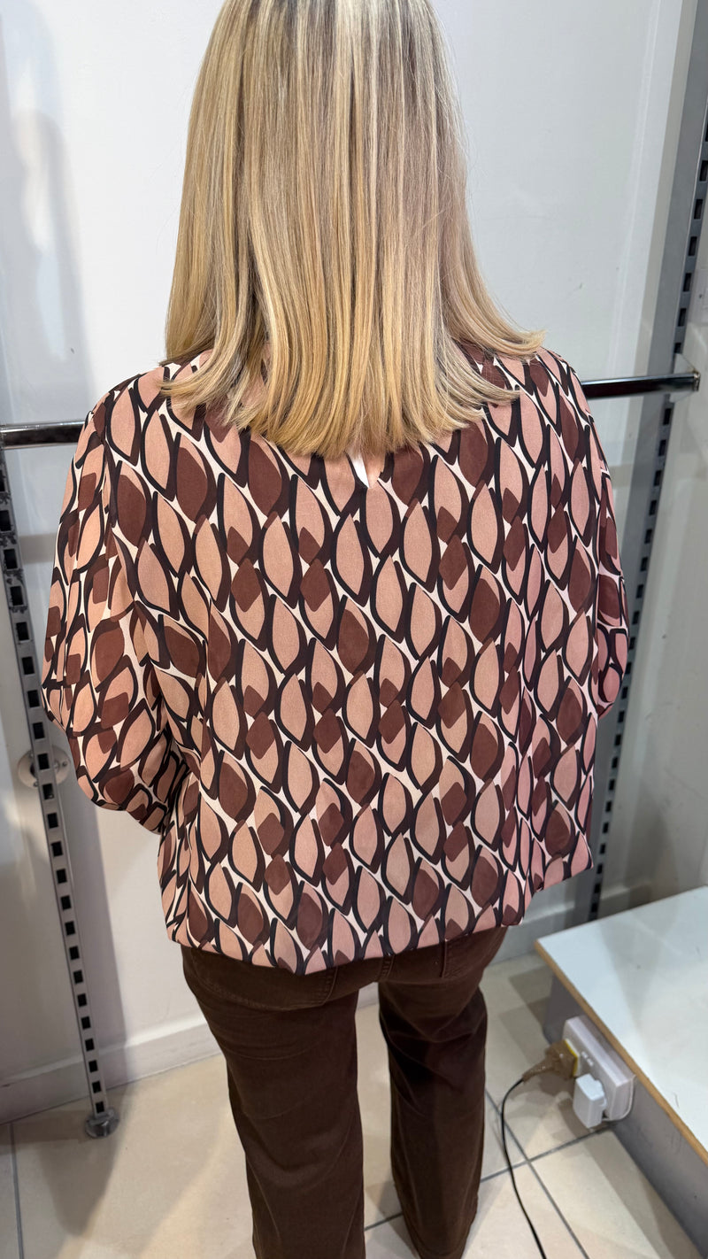 Jodie - Taupe/Brown Leaf Print High Neck Top