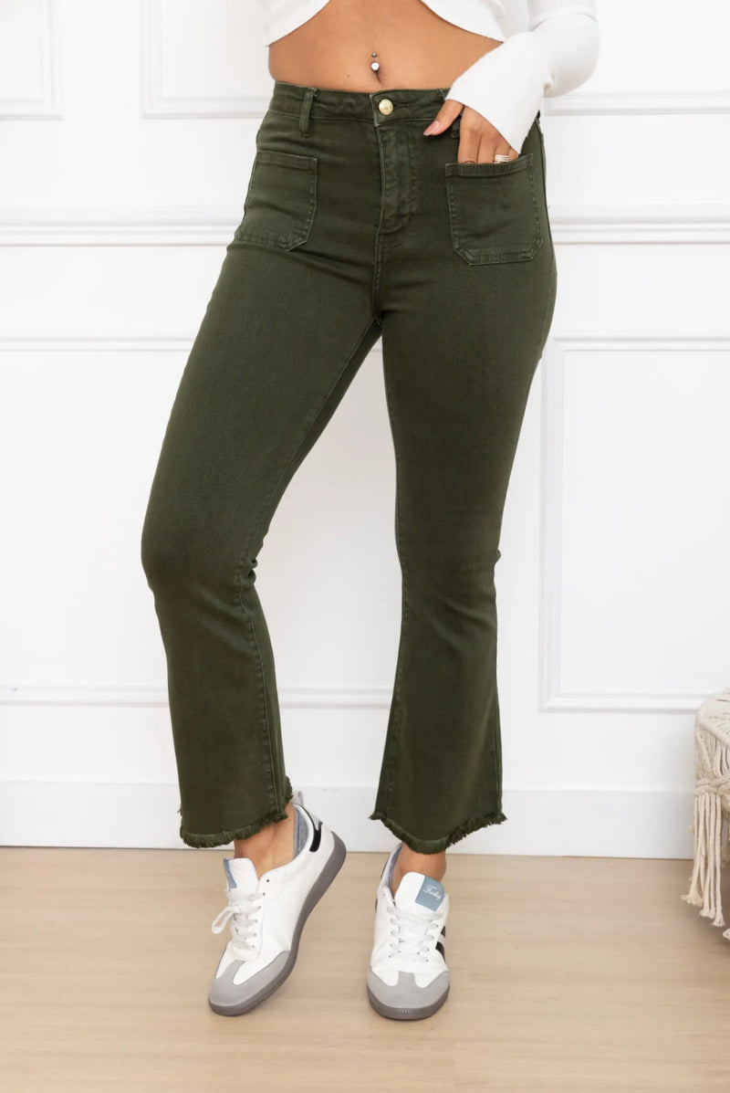 Cassie - Khaki Pocket Stretch Cropped Jeans