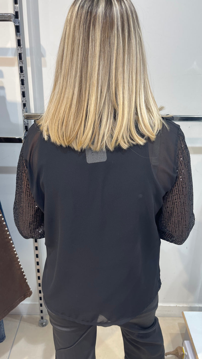 Olivia - Black Ruffle Sequin Sleeve Blouse