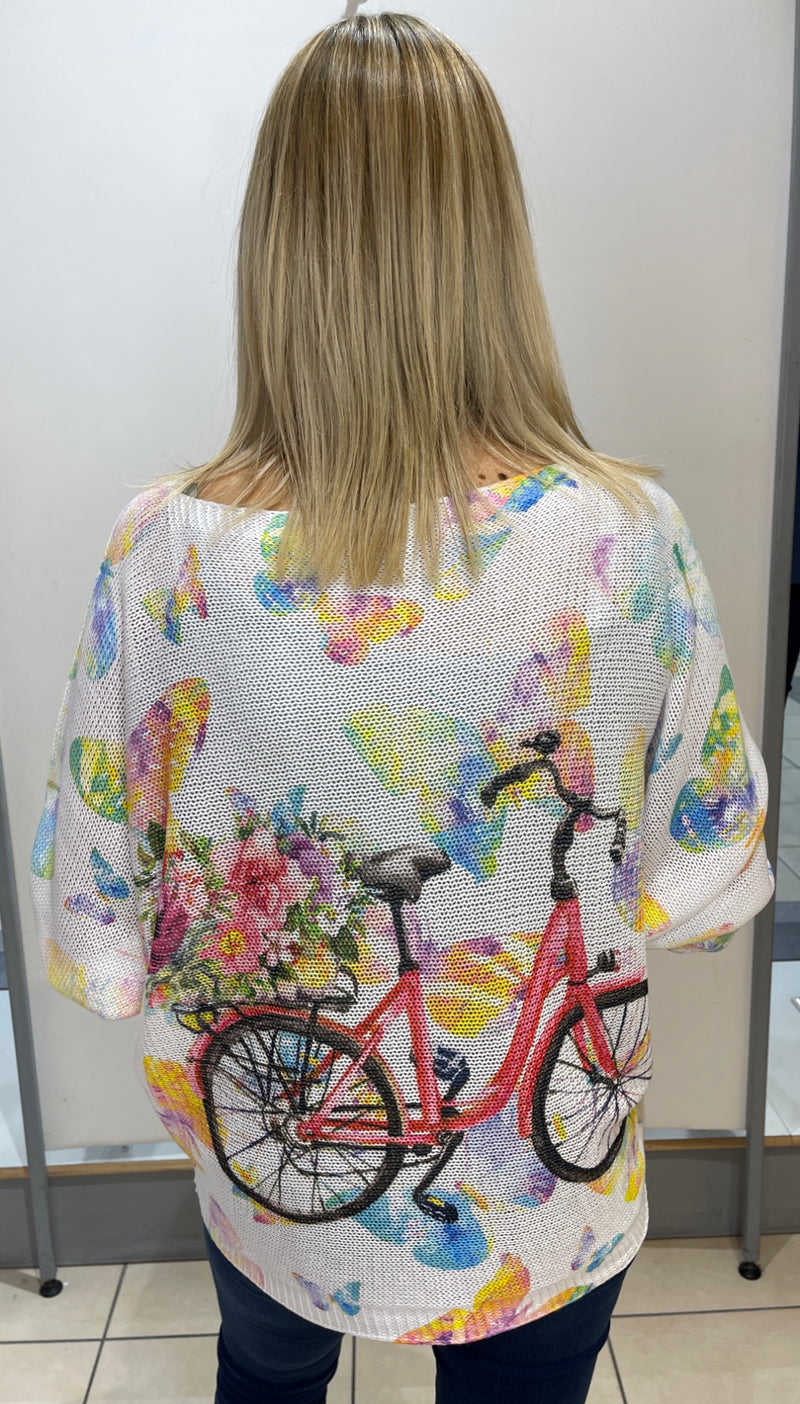Joey -  Flower Cycle Print Fine Knit Top