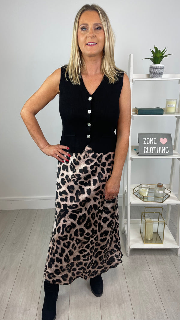 Camillia -  Taupe Animal Print Satin look skirt