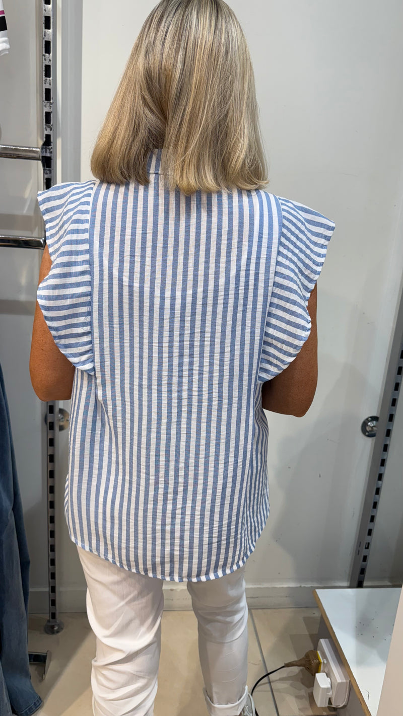 Sandy - Denim Blue Stripe Button Flutter sleeve Top