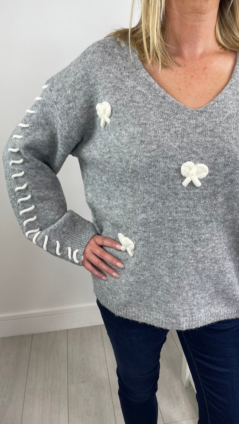 Josie - Grey Bow V Neck Knit