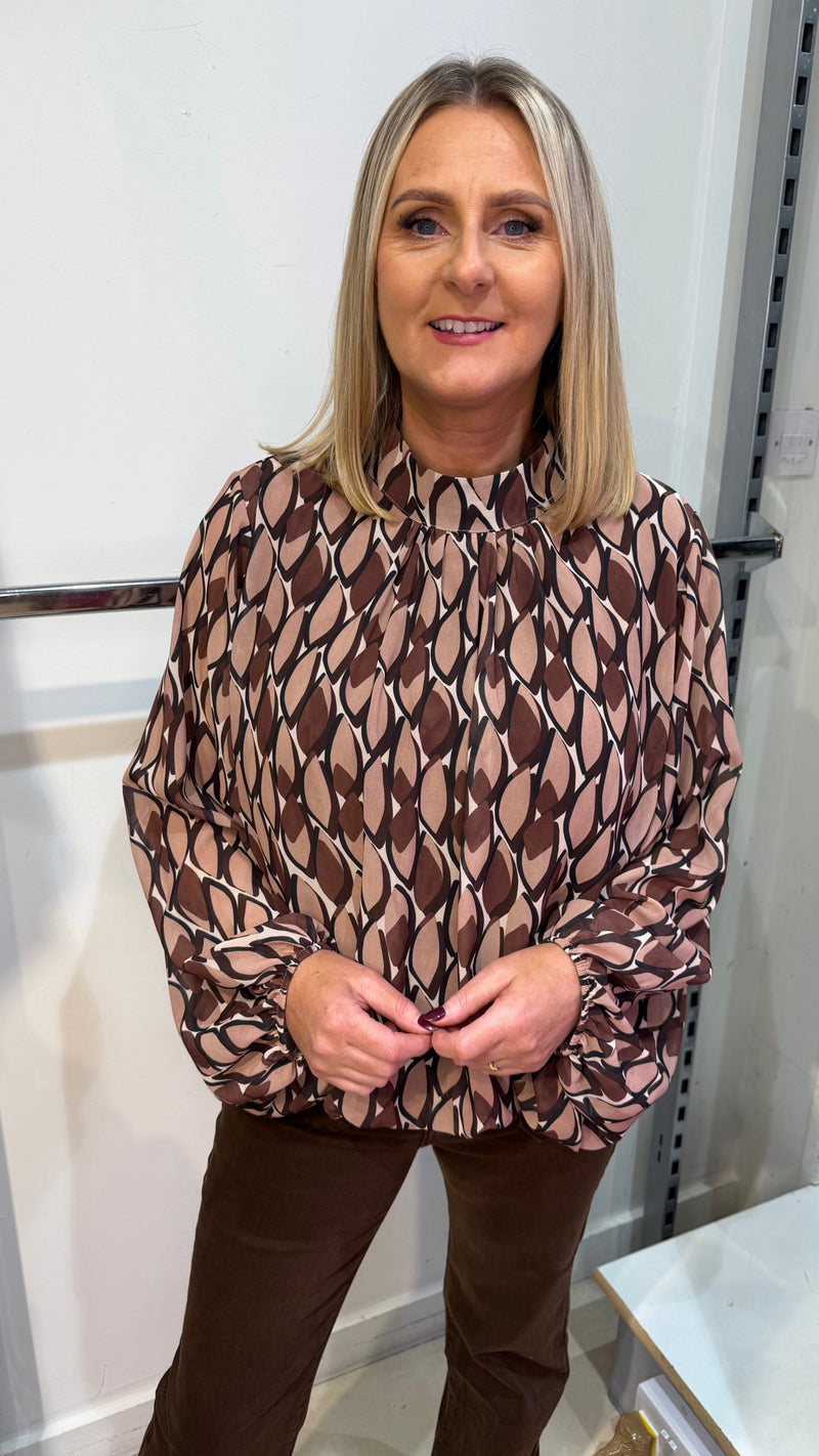 Jodie - Taupe/Brown Leaf Print High Neck Top