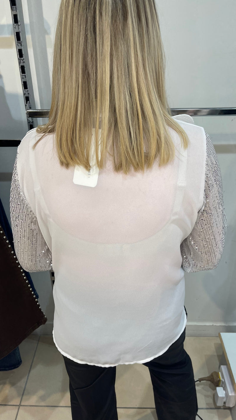 Olivia - White Ruffle Sequin Sleeve Blouse