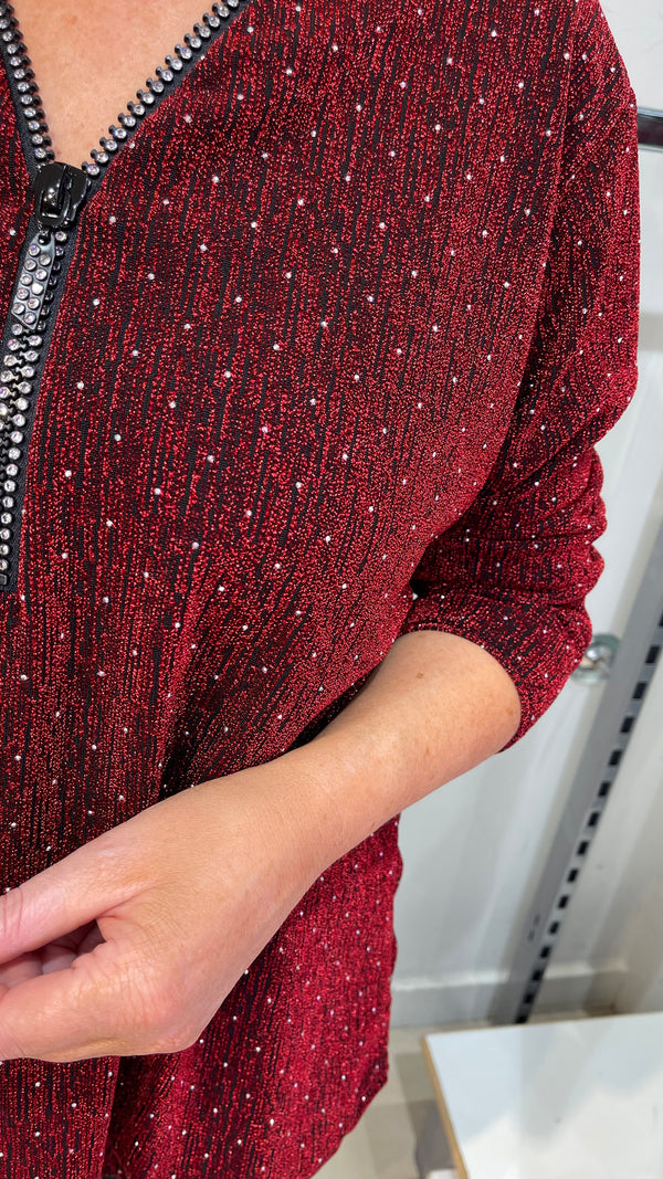 Kay - Red/Black Shimmer Stud Diamond Zip Batwing Top