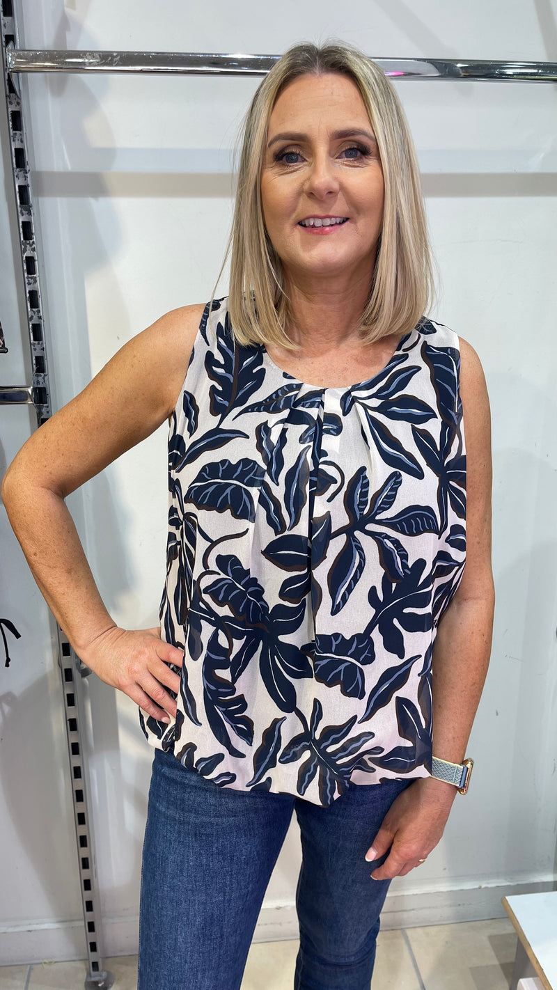 Ava -  Navy/Cream Leaf Print Bubble Hem Top