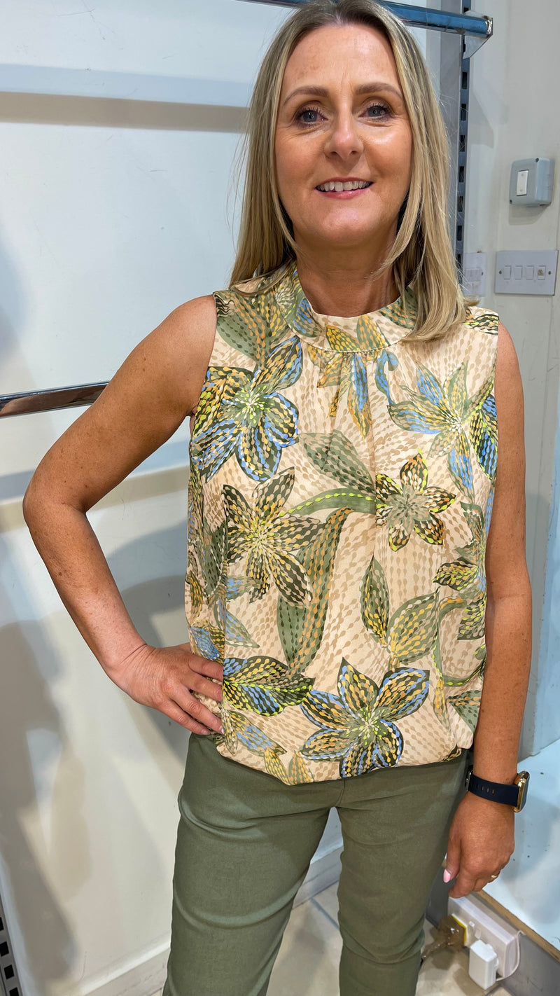Stella - Khaki Leaf Print Lined Top