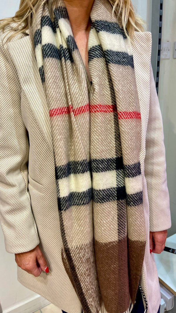 Lydia - Beige/Red Check Scarf