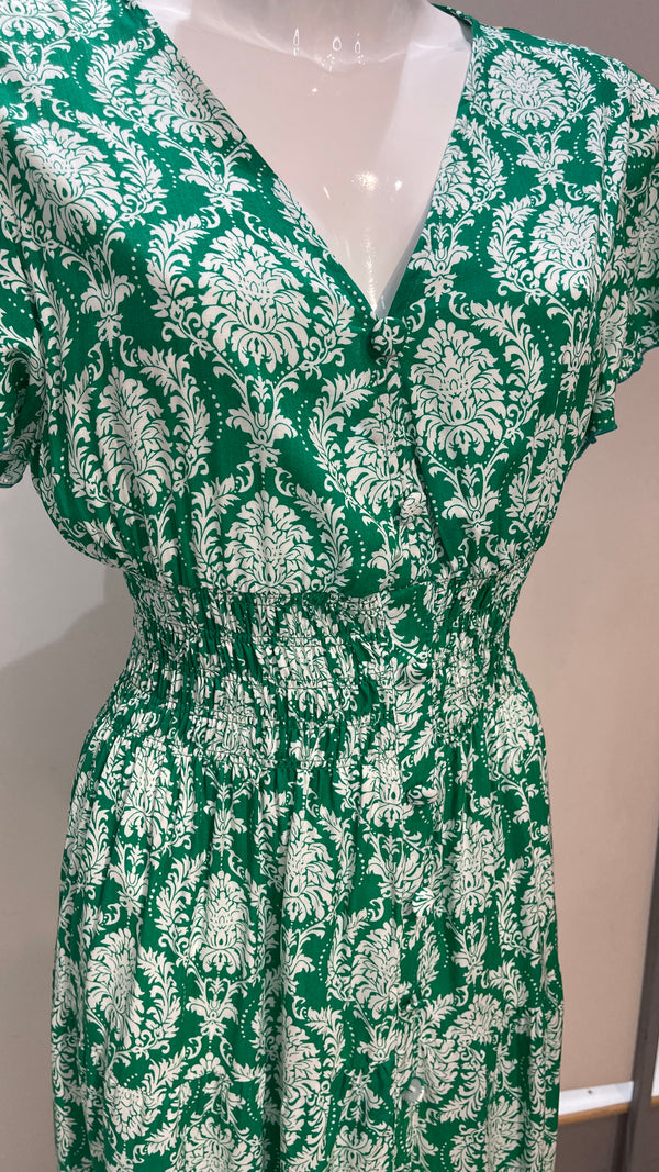 Mona - Green/White print V Neck maxi Dress