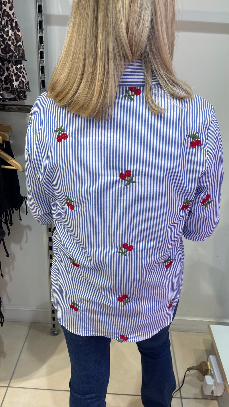 Carrie - Blue Stripe Cherry Embroidered Top