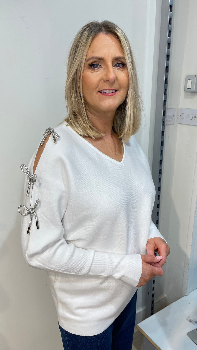 Evie - White Diamonte Sleeve Knit