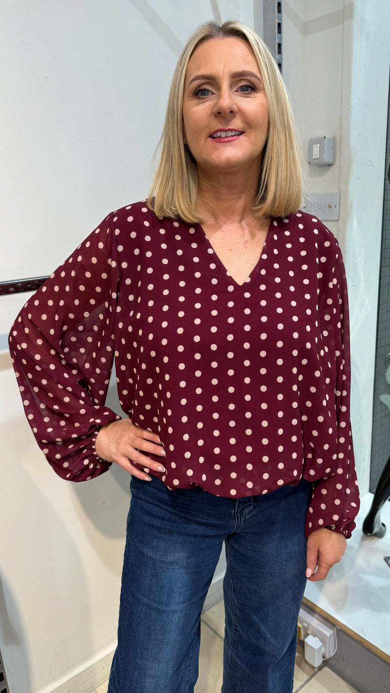 Naomi - Wine Polka Print Lined bubble Hem top