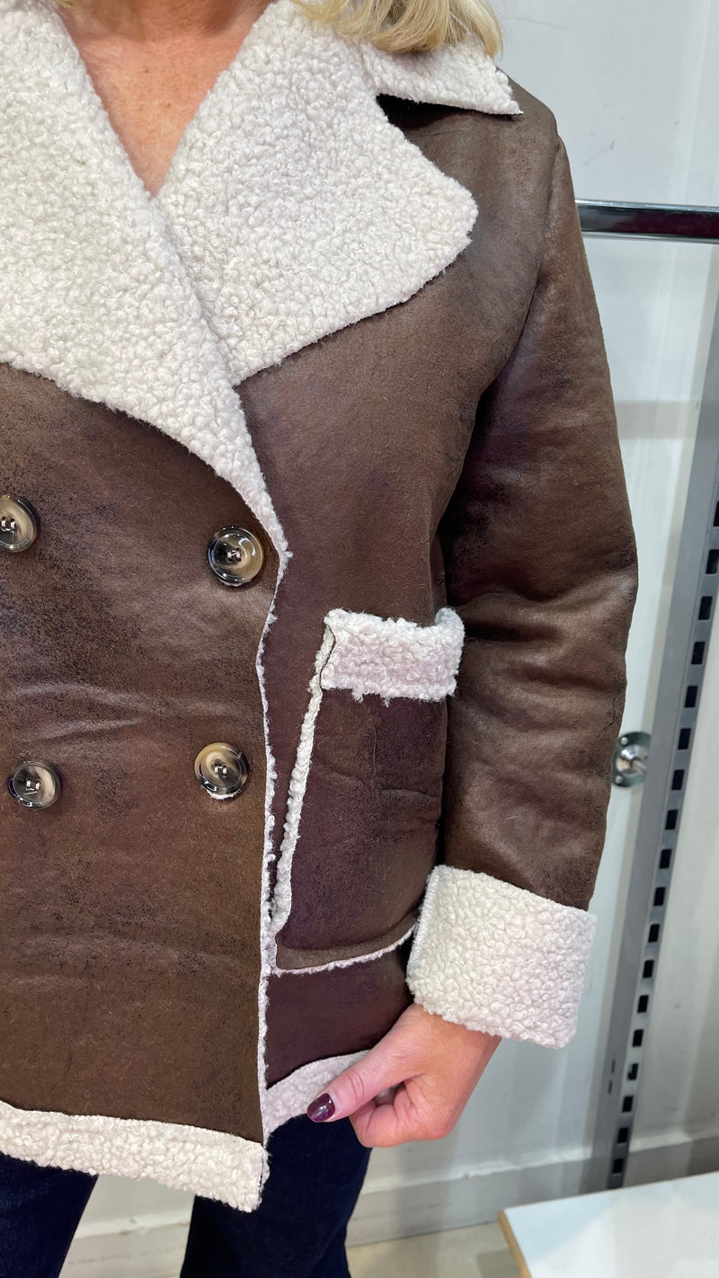 Fred - Brown Faux Distressed Shearling Look Jacket