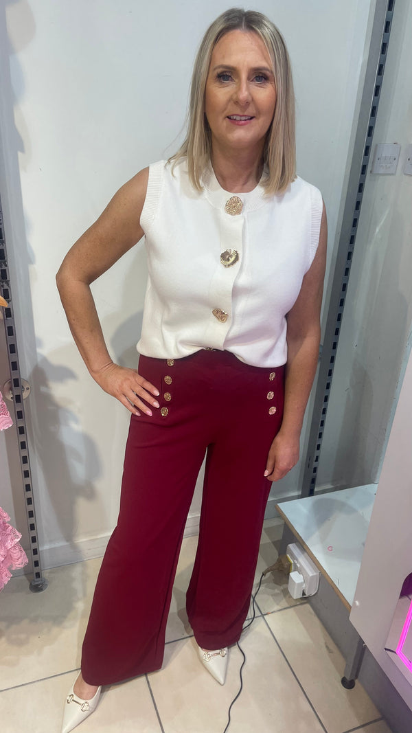 Chloe -  Wine  Button Wide Leg Trouser