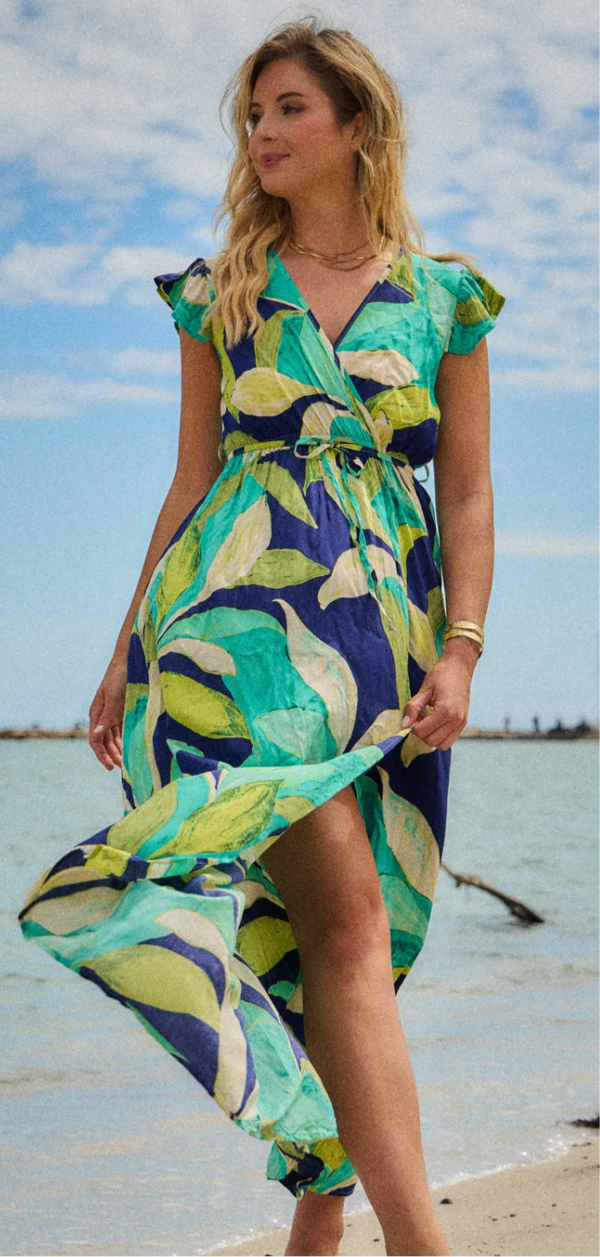 Tori - Blue Green Leaf Print Dress