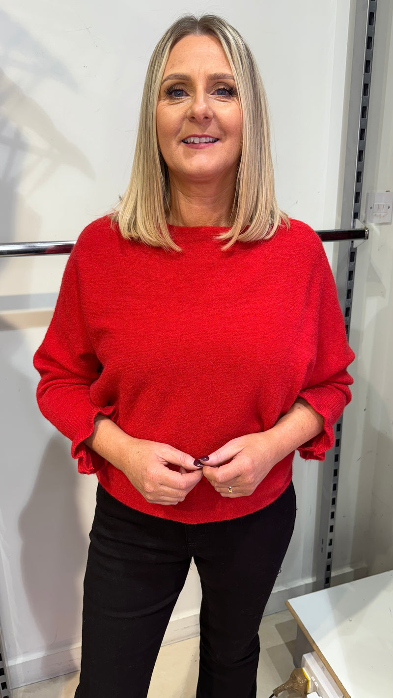 Anne - Frill Sleeve Soft Stretch Jumper Red