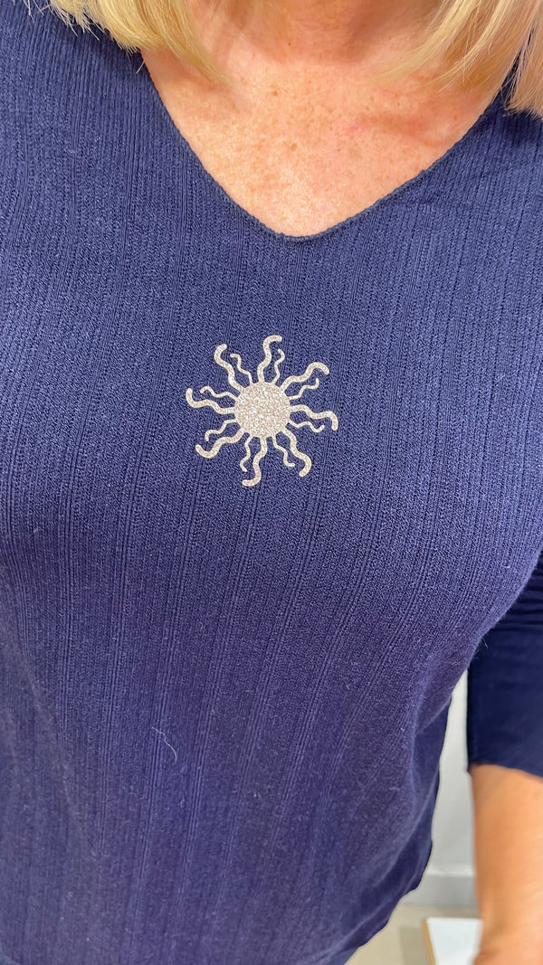 Sue - Navy V Neck Gold Sun Logo Top