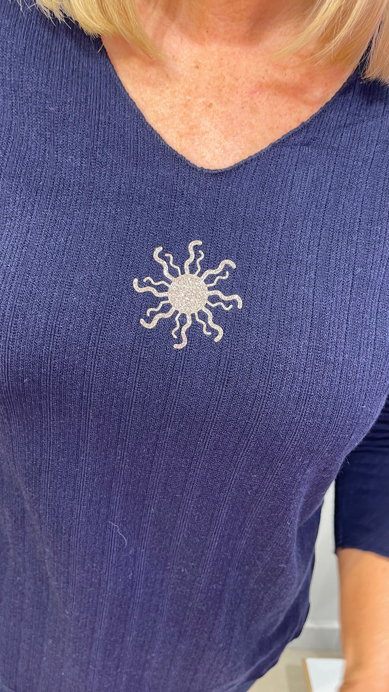 Sue - Navy V Neck Gold Sun Logo Top