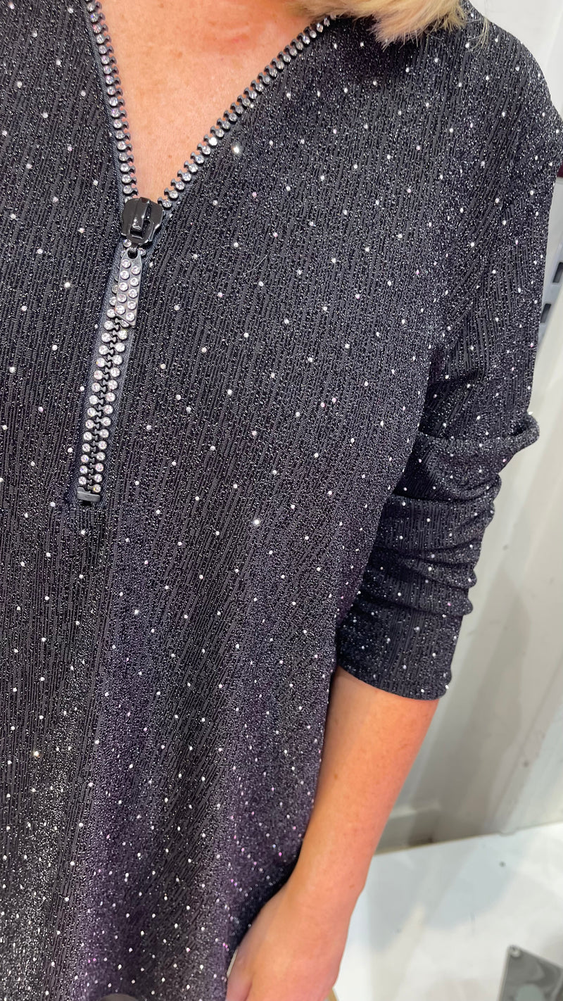 Kay - Black Shimmer Stud Diamond Zip Batwing Top