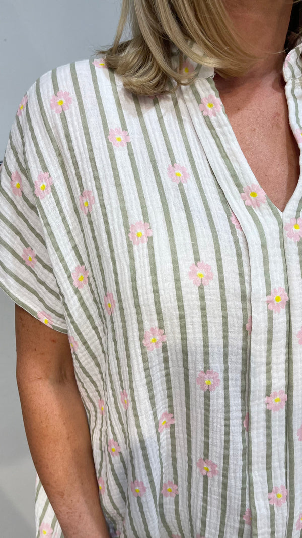 Sally - light Khaki Stripe Ditsy Flower Top