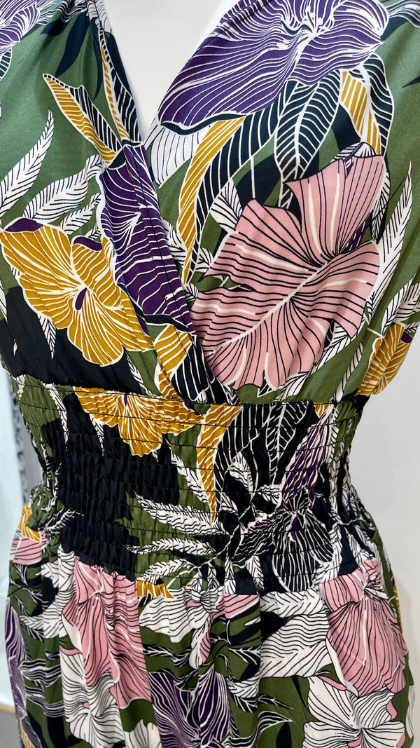 Cara - Khaki Leaf Print shirred Waist Jumpsuit