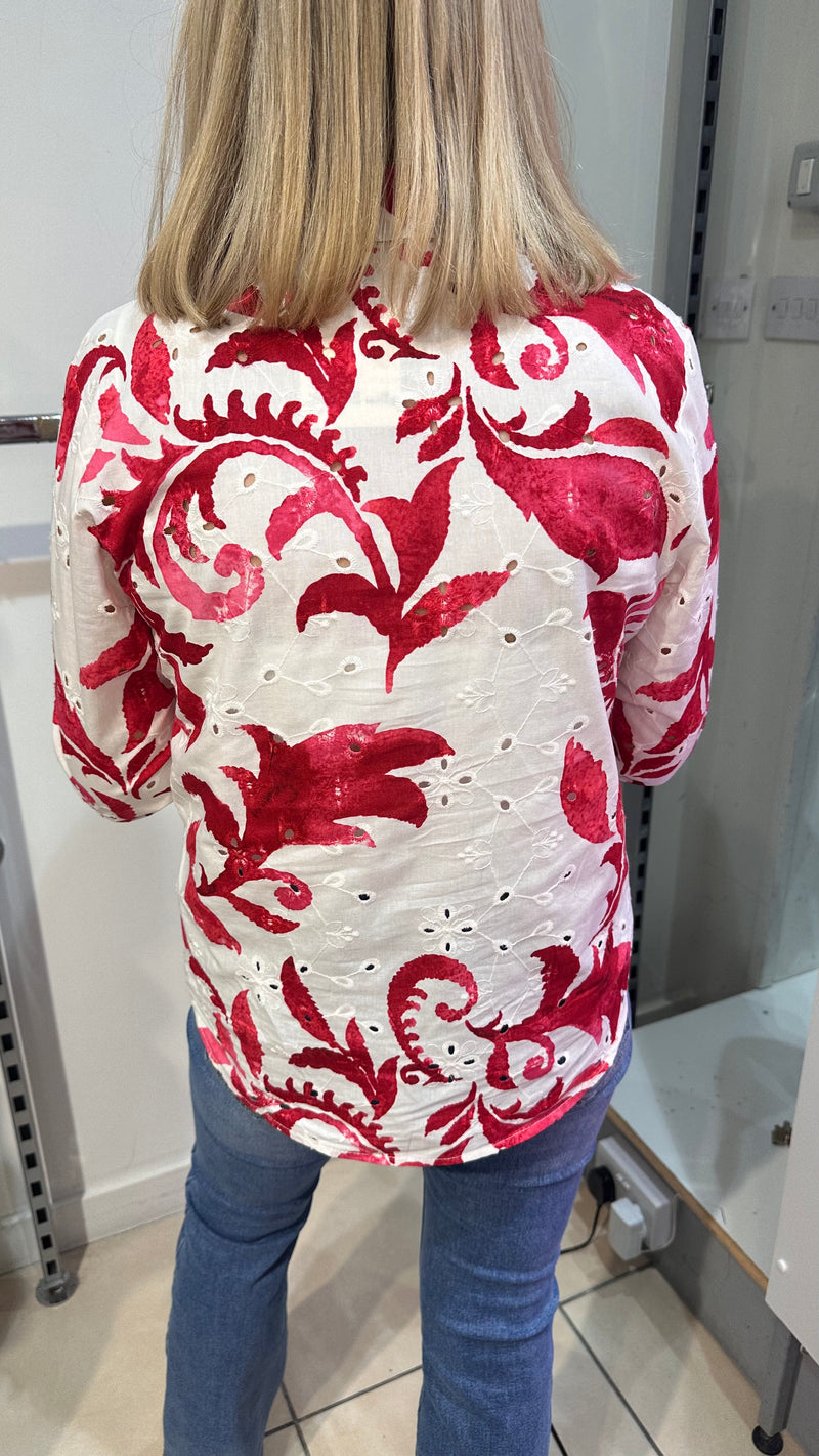 Kay - Red Leaf Print Broiderie Anglaise Top