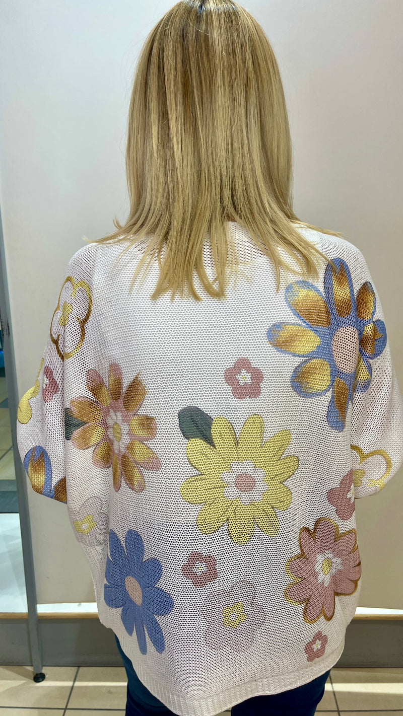 Joey - White Floral Print Fine Knit Top
