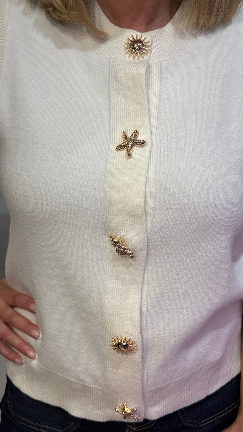 Meg - Cream Mixed Gold Button Sleeveless Knit