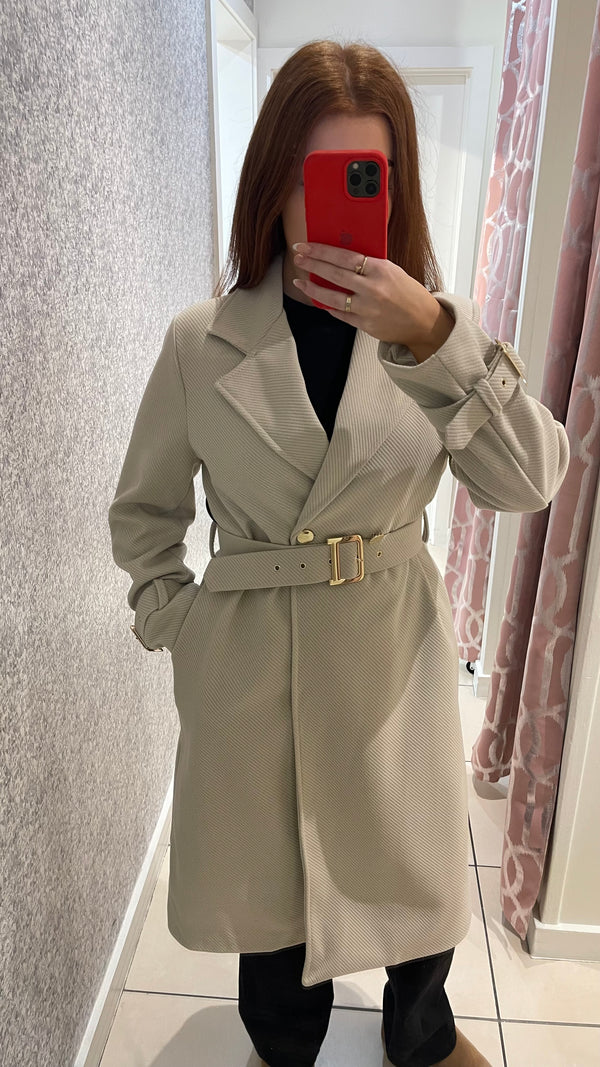 Fiona - Beige Belted Herringbone Coat