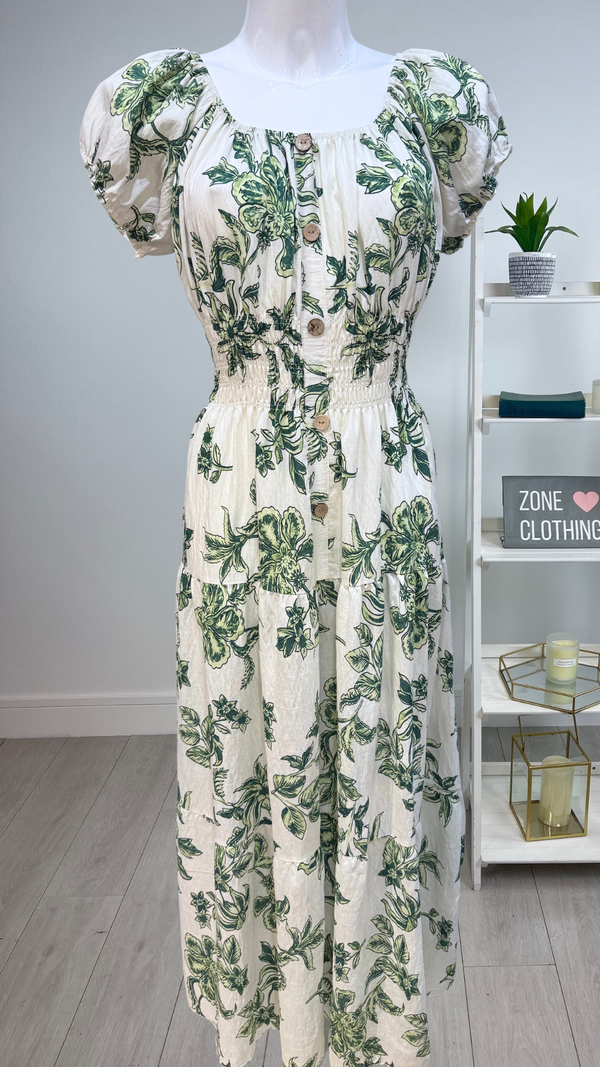 Suzie - Green Floral Button Linen Look Maxi