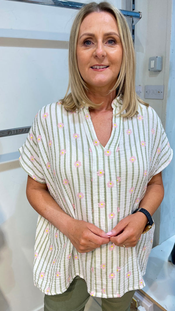 Sally - light Khaki Stripe Ditsy Flower Top