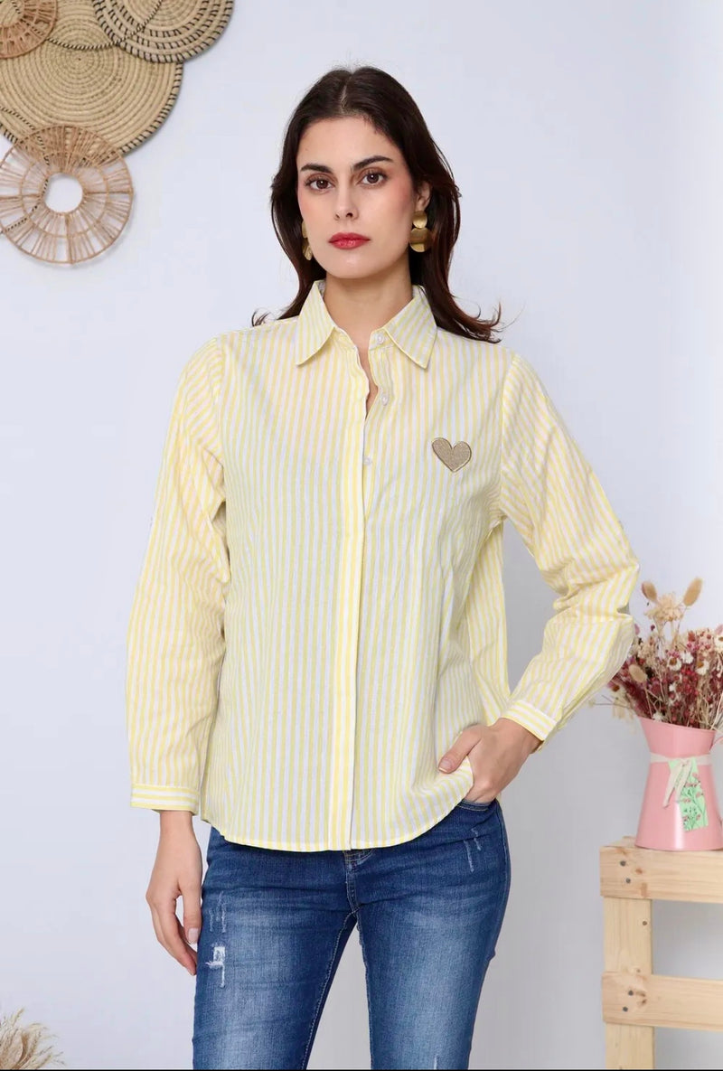Millie - Lemon Embriodery Heart Stripe Shirt
