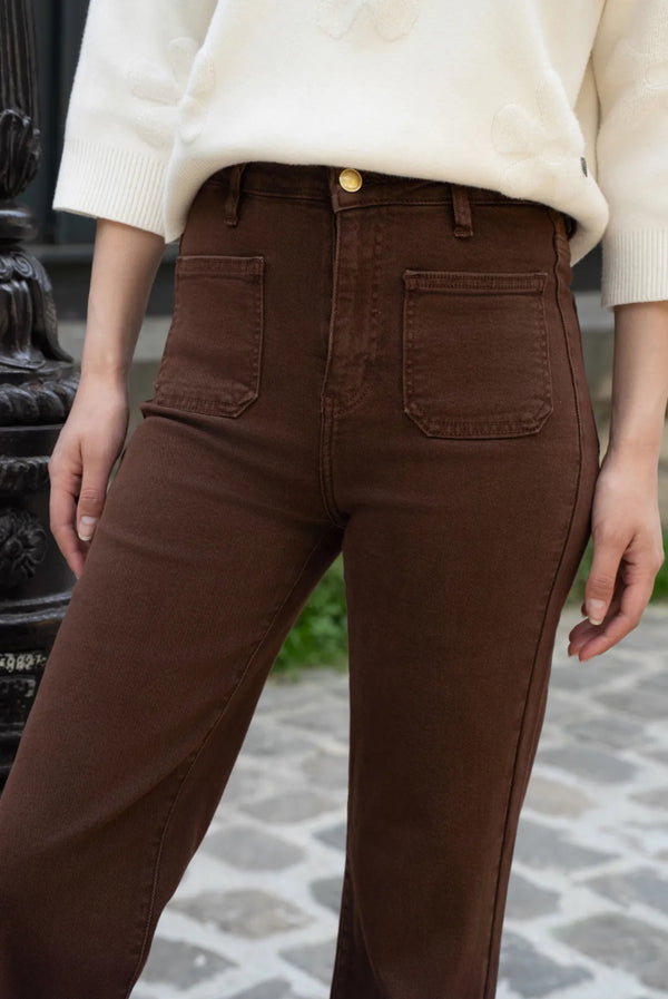 Flora - Chocolate Double Pocket Front Straight Leg Denims