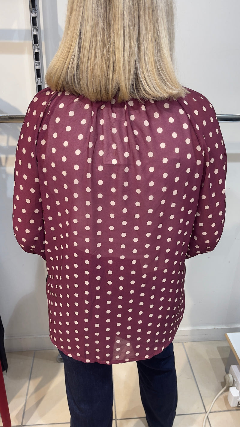 Carmel - Polka Dot Chiffon Cuff Blouse Wine