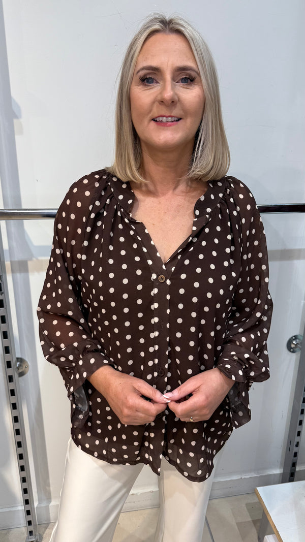 Carmel - Polka Dot Chiffon Cuff Blouse Chocolate