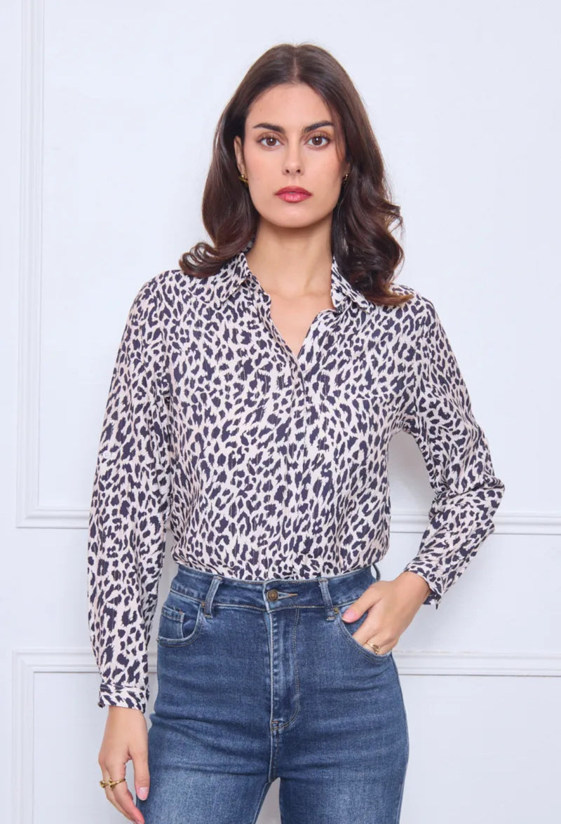 Shelly - Navy Leopard Print Lurex Shirt