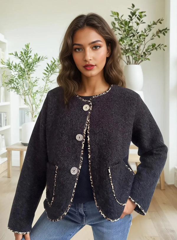 Gina - Black  Fuzzy Leopard Trim Jacket