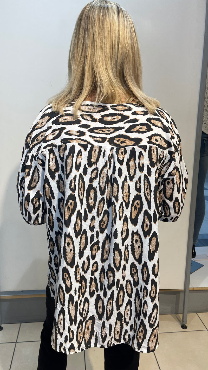 Abbie - White Leopard Print Button Top