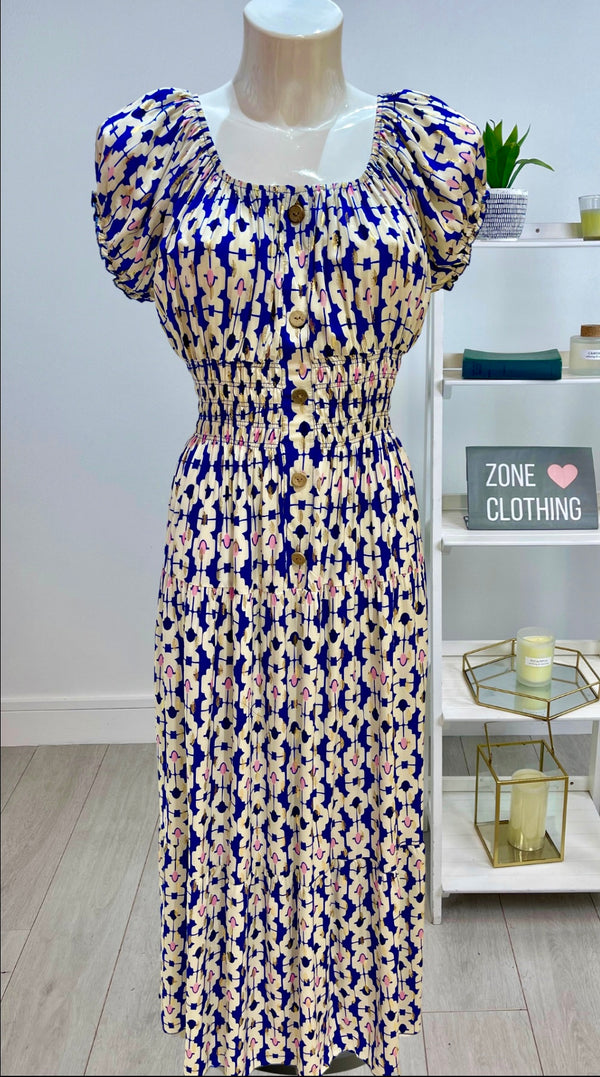 Chloe - Royal Abstract Print Button Maxi Dress