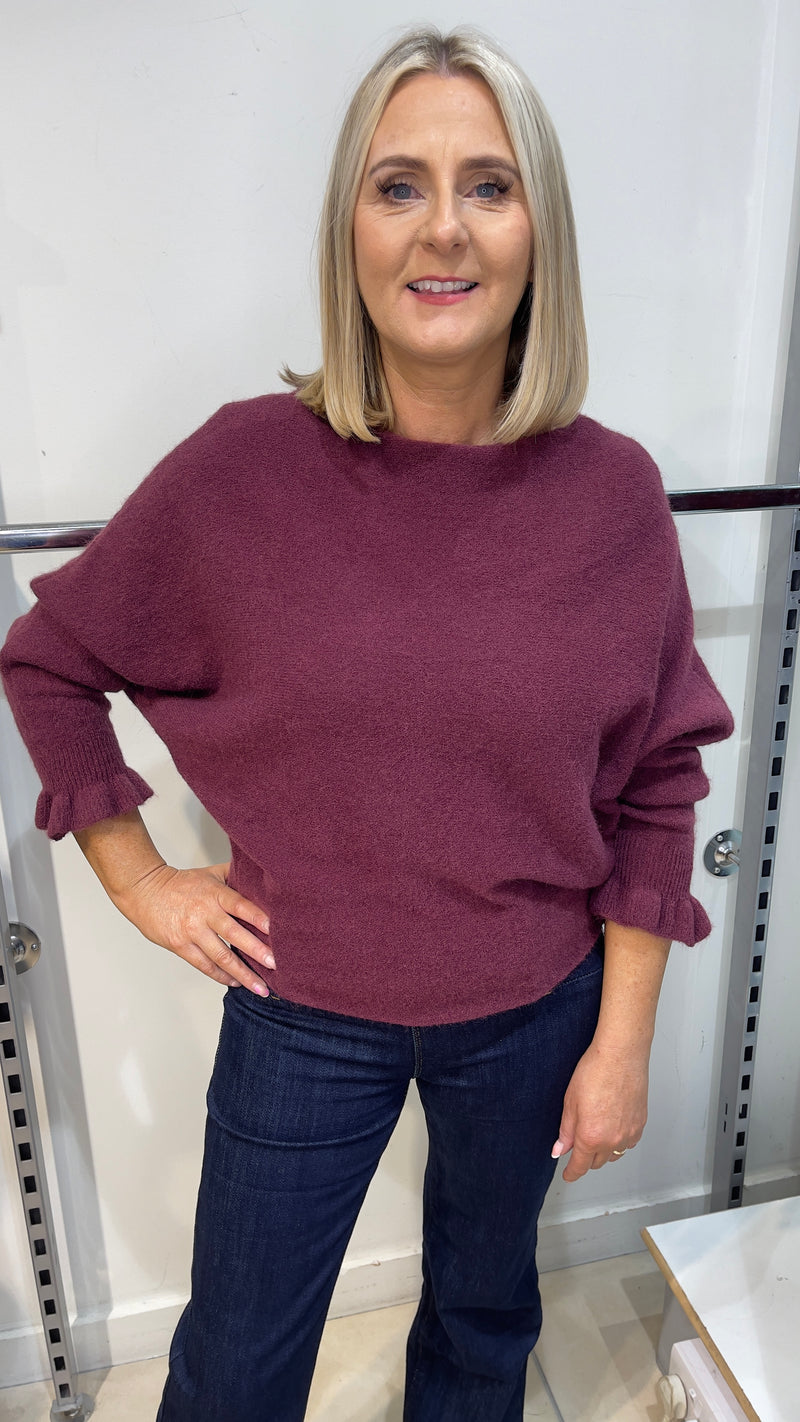 Anne - Crop Frill Sleeve Soft Stretch Jumper Mulberry